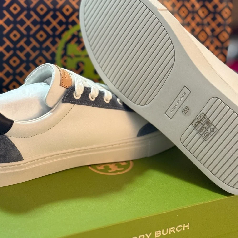 Tory Burch White and Blue Leather Sneakers